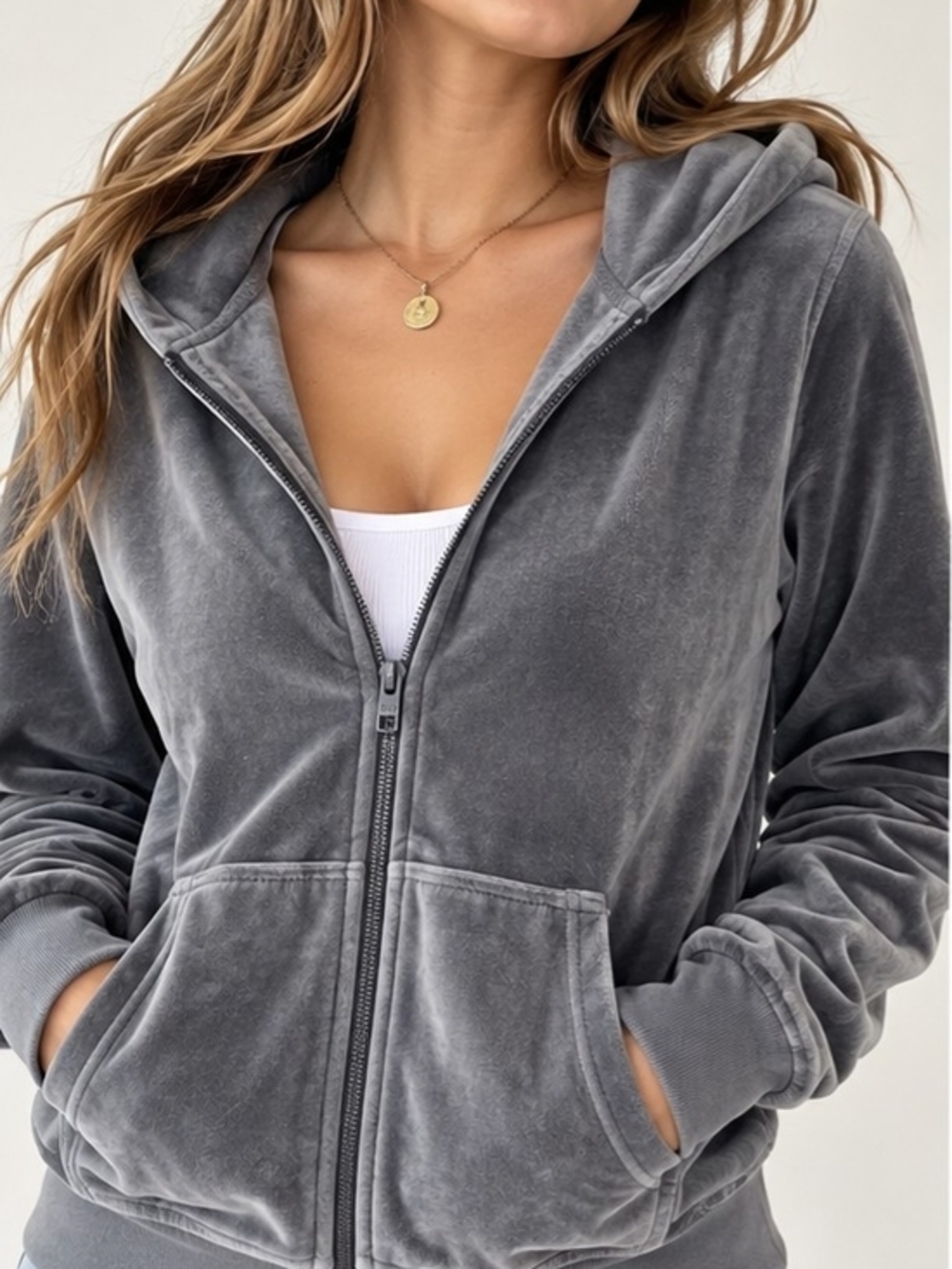 TNA Aritzia Velour Zip Up Hoodie Grey XL Y2K Luxe Lounge